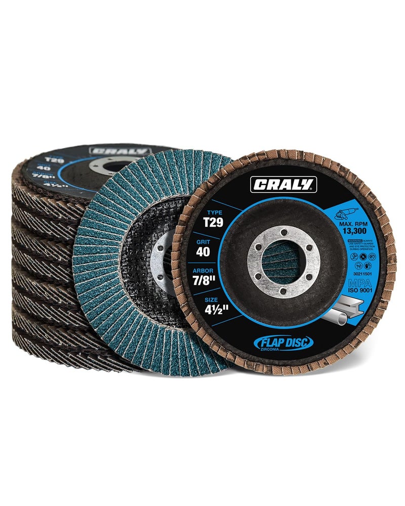 CRALY 4-1/2 Inch Flap Disc, 7/8 in Arbor, 40 Grit, Type 29 Premium Zirconia Sanding Disc for Angle Grinder, Hi-Performance Abrasive Grinding Wheel for Stainless Steel, Metal Sanding & Finishing, 10PC - Image 1